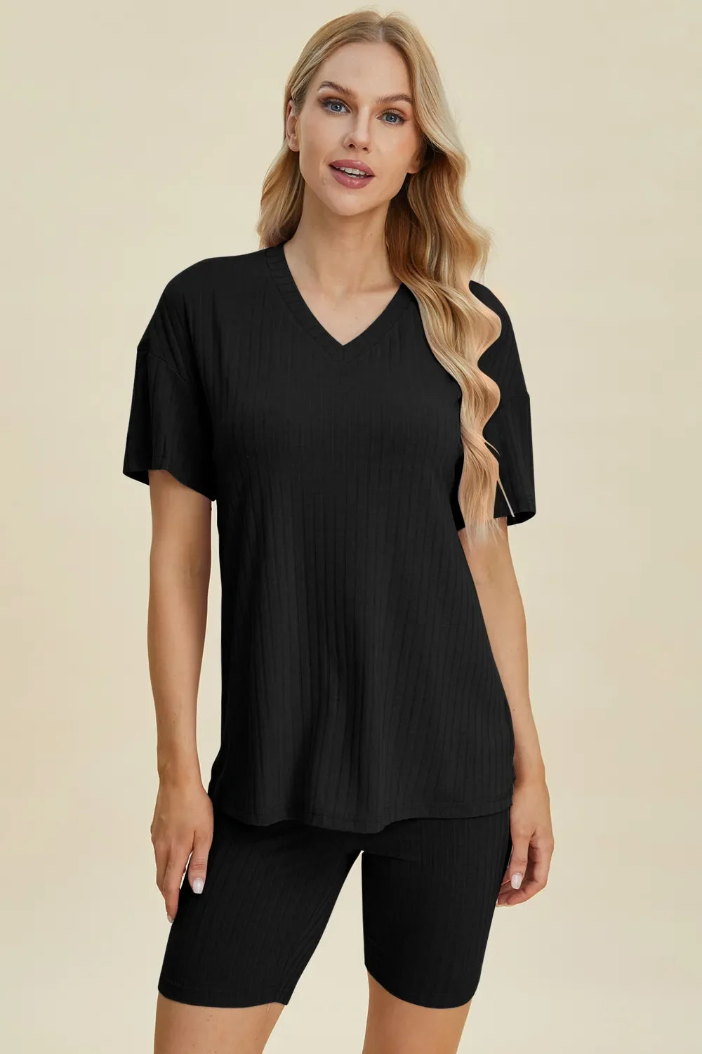 Plus Size Ribbed V-Neck Top & Shorts Set