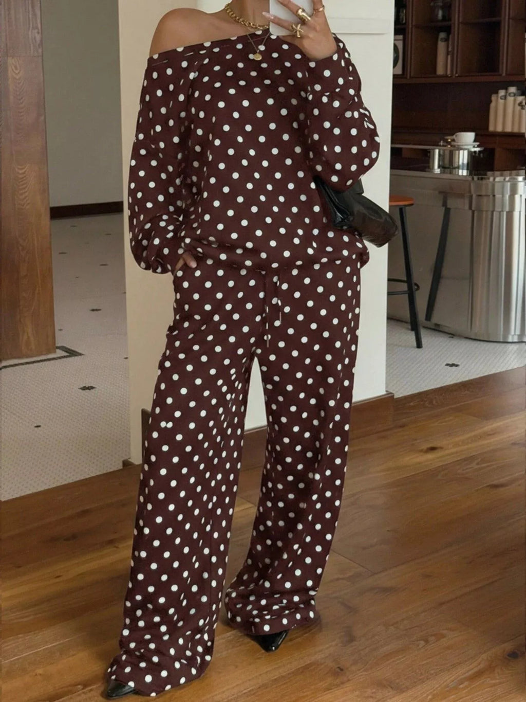 Polka Dot Boat Neck Top and Pants Set