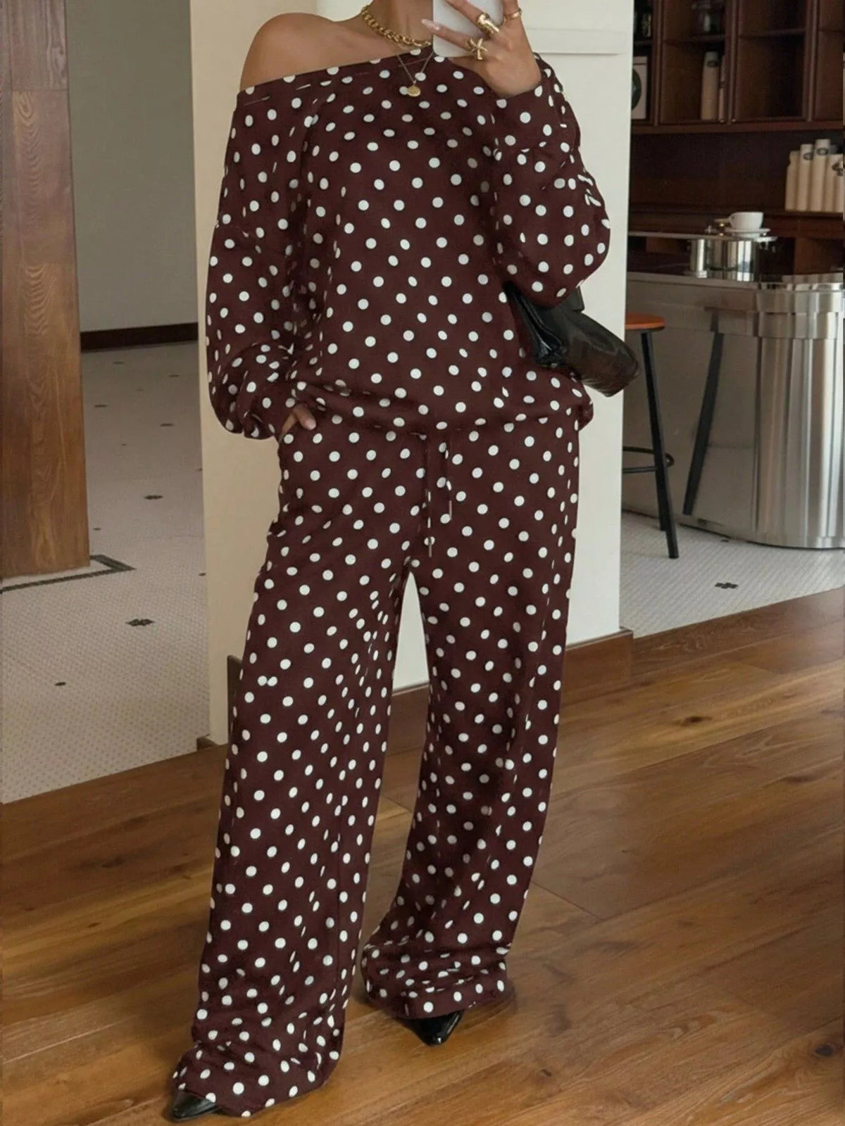 Polka Dot Boat Neck Top and Pants Set
