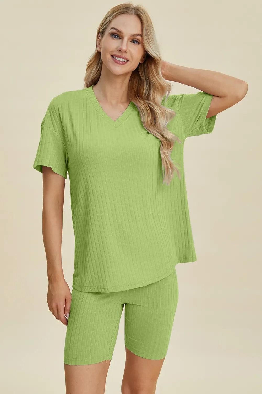 Plus Size Ribbed V-Neck Top & Shorts Set