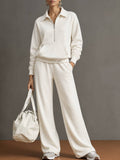 Autumn And Winter New Cross-Border European And American Women's Clothing Lapel Half-Zip Sweatshirt Loose Casual Wide-Leg Pants Two-Piece Set For Women