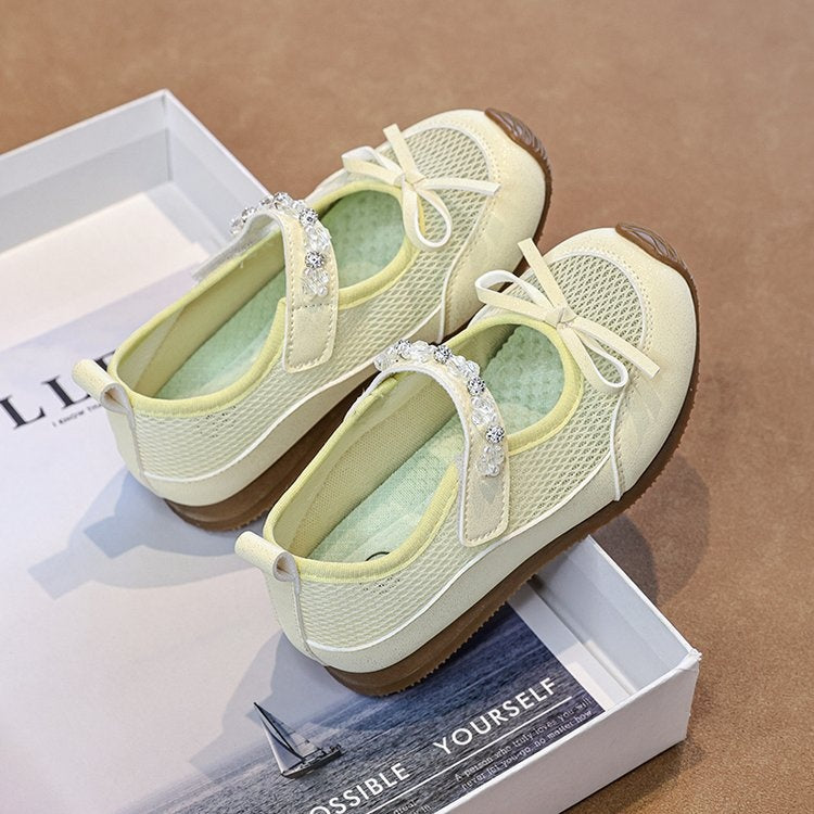 2026 Summer New Girls Ballet Shoes, Mary Jane Sandals With Bow & Rhinestone, Breathable Soft Sole Kids Shoes