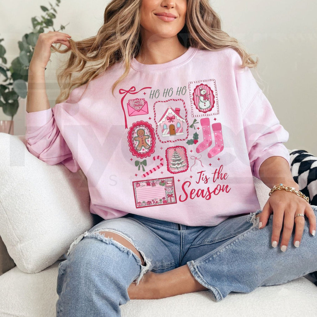 Pink Christmas Sweatshirt, Tis The Season Candy Cane Bow Santa Graphic Pullover