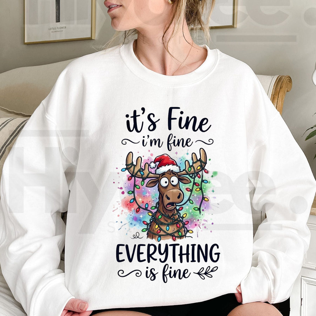 I'm Fine Everything Is Fine Christmas Sweatshirt, Funny Holiday Lights Graphic Pullover