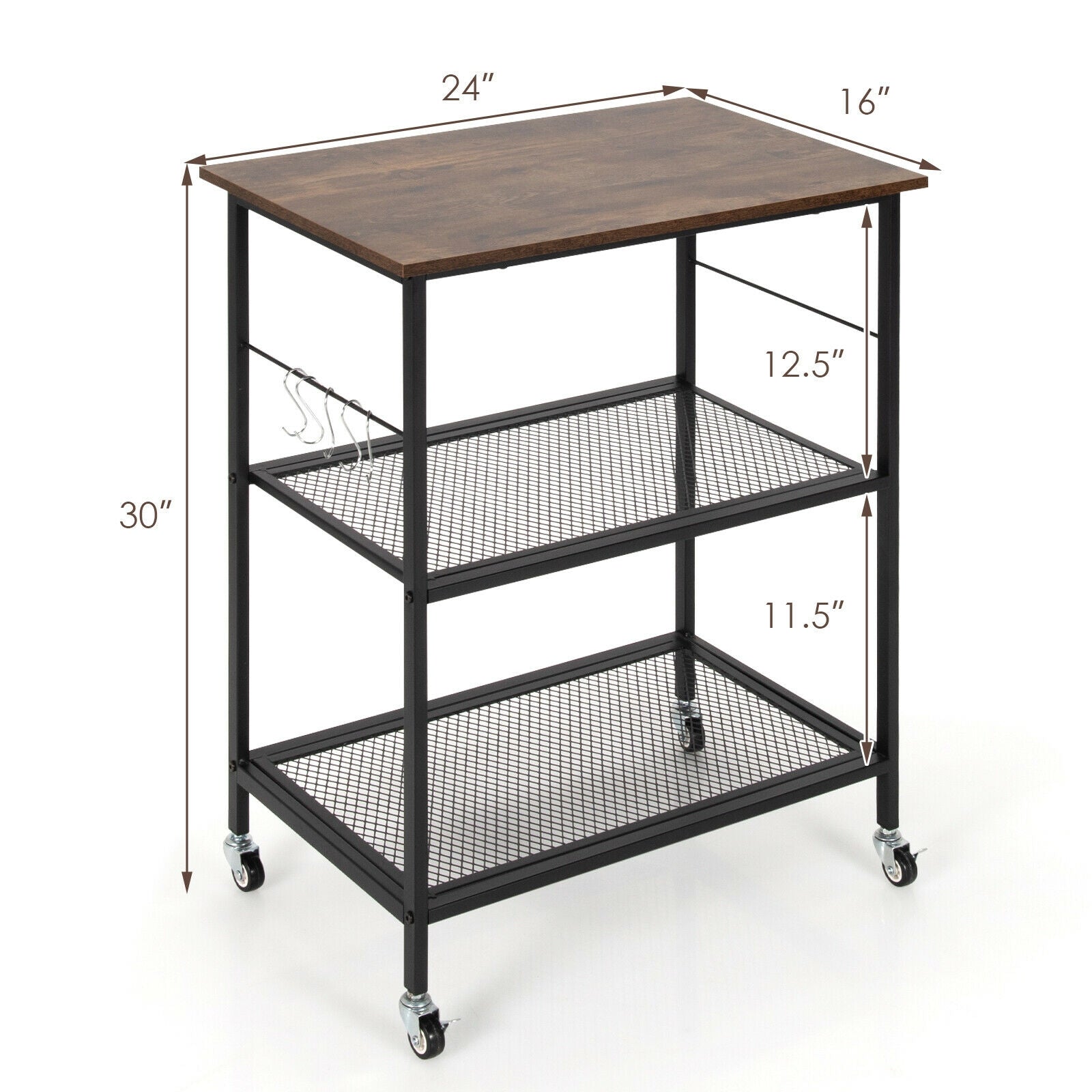 3-Tier Kitchen Serving Cart Utility Standing Microwave Rack with Hooks