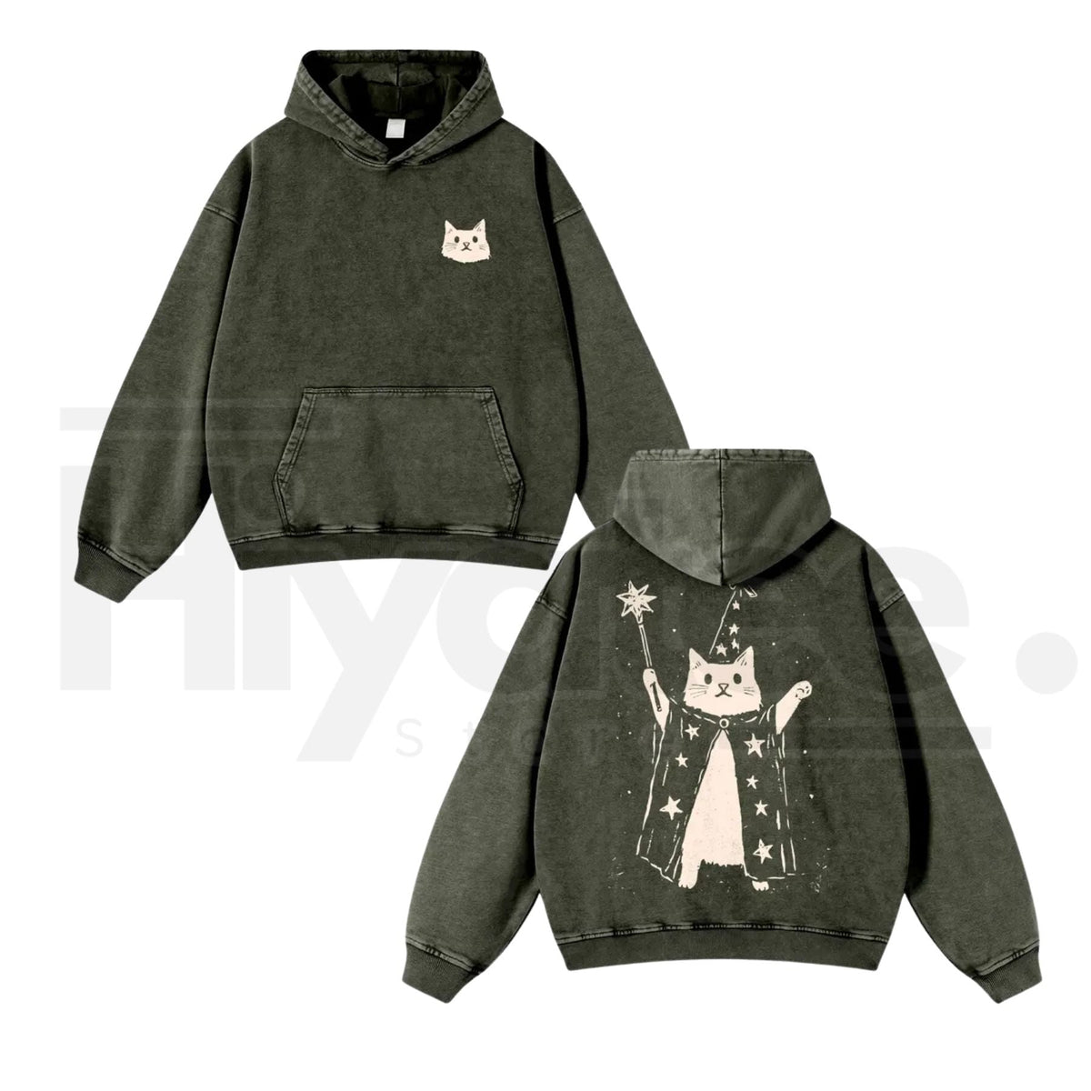 Wizard Cat Graphic Vintage Washed Hoodie – 380g Thick Cotton Blend, Oversize Unisex Pullover
