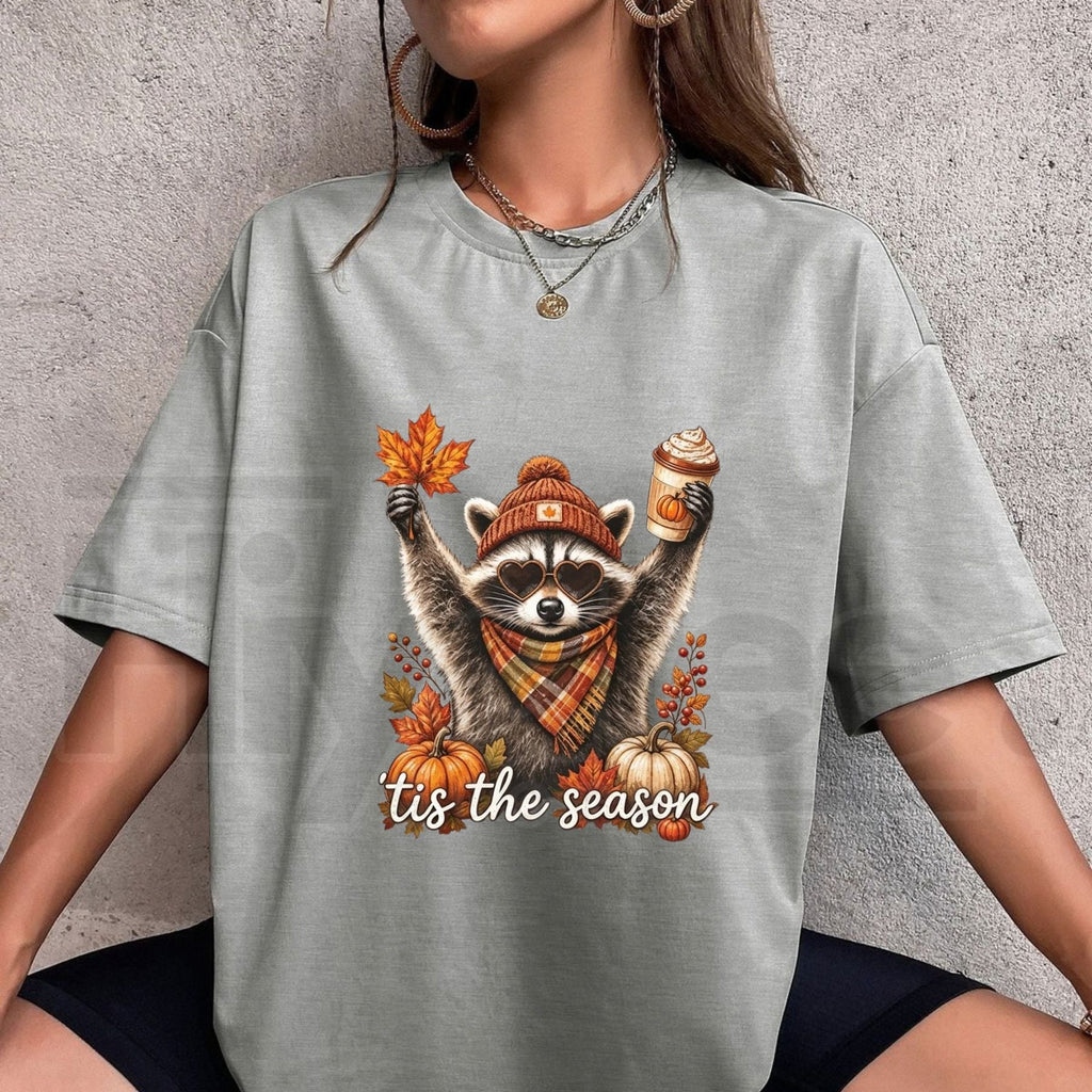 Retro Autumn Raccoon T-Shirt – Funny Pumpkin & Coffee Fall Graphic Tee