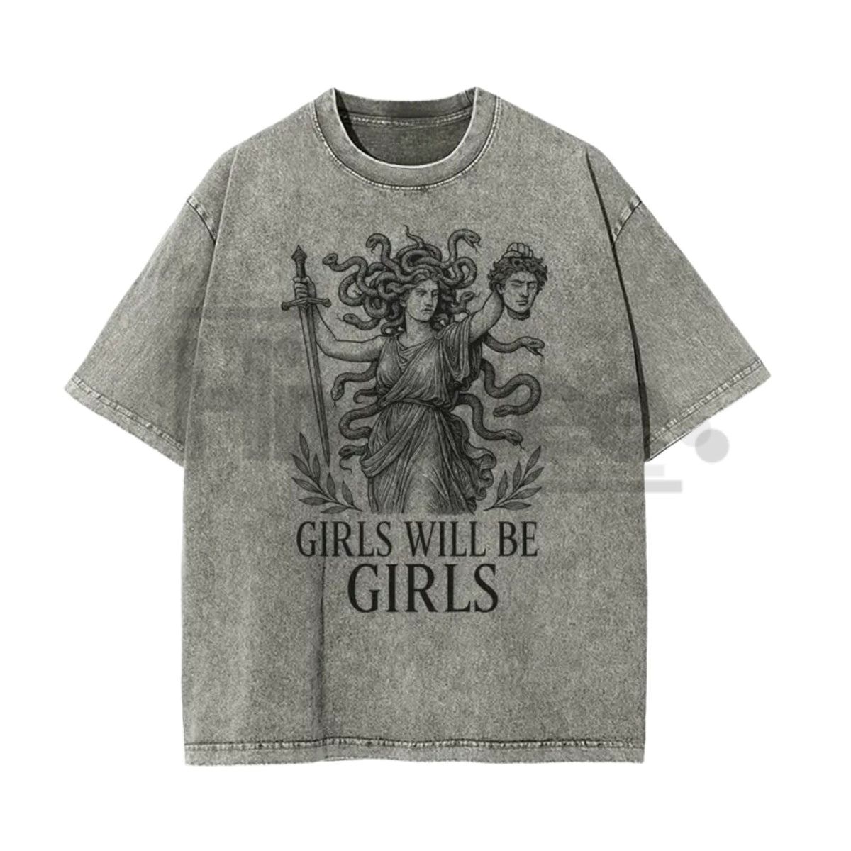 Girls Will Be Girls Medusa T-Shirt – Vintage Washed Graphic Tee, Lightweight Retro Greek Mythology Streetwear, Unisex Oversized Top
