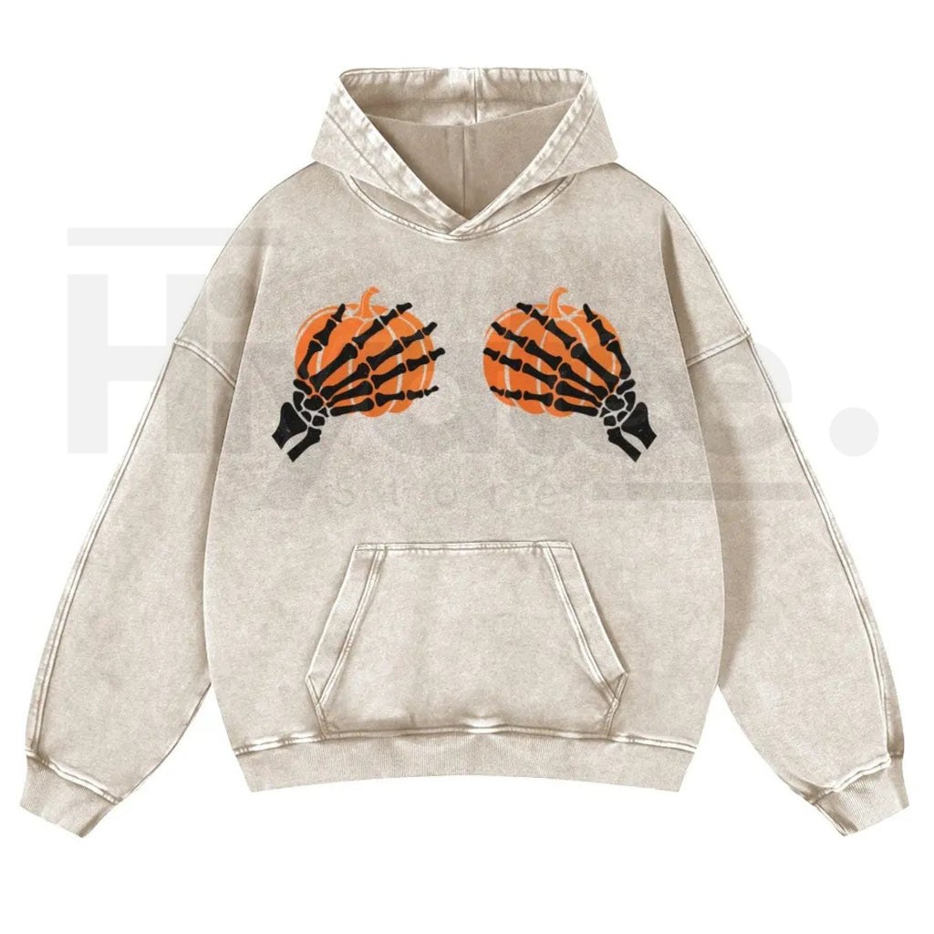 Skeleton Hands Holding Pumpkin Hoodie – Playful Gothic Halloween Aesthetic