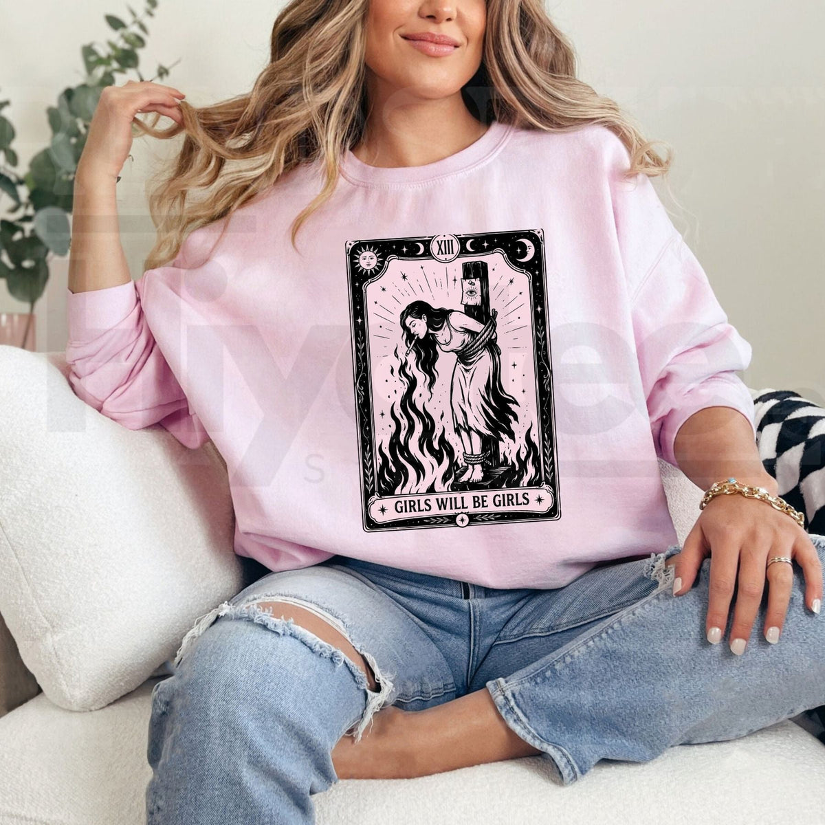 Witch With Cigarette Sweatshirt, Girls Will Be Girls Feminist Halloween Graphic Pullover