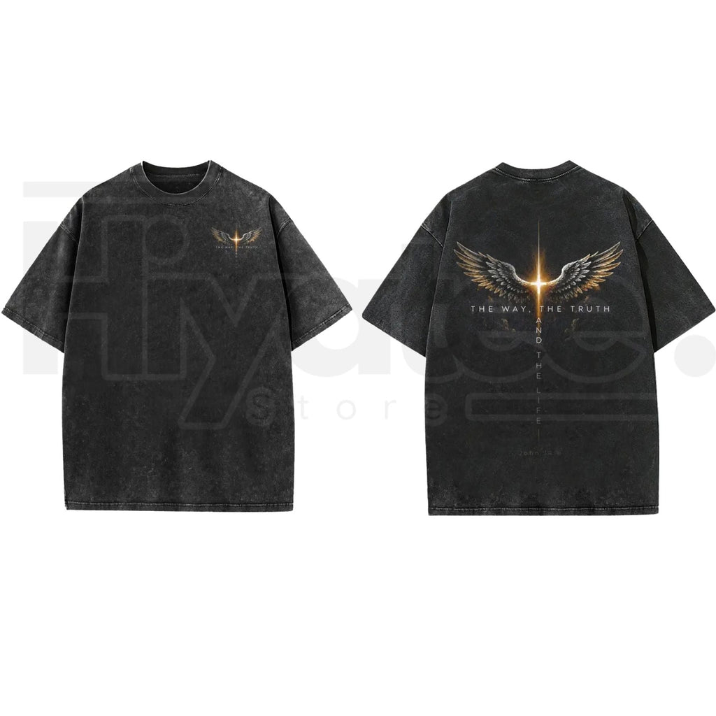 Glowing Cross Angel Wings Christian T-Shirt – Vintage Washed John Gospel Faith Graphic Tee