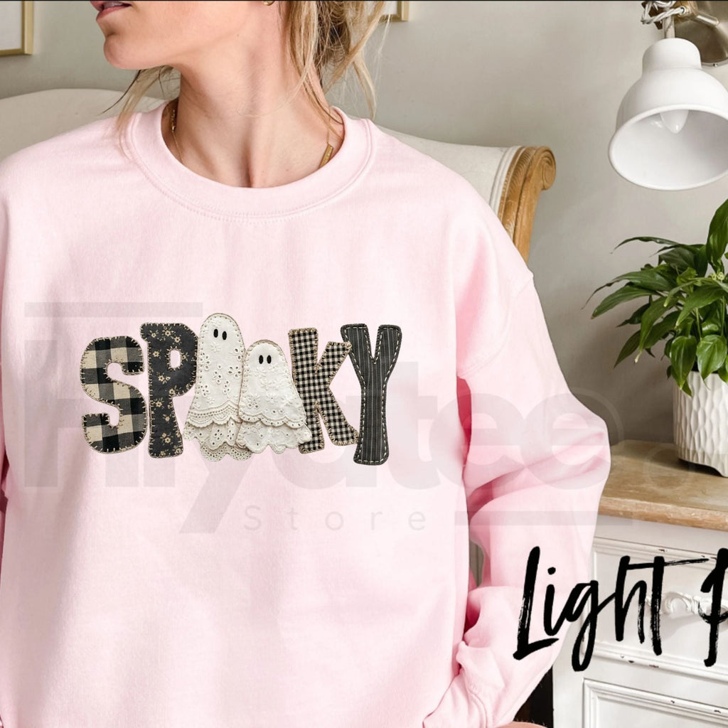 Gildan Patchwork Gingham Spooky Ghost Sweatshirt, Vintage Halloween Lace Ghost Graphic Pullover