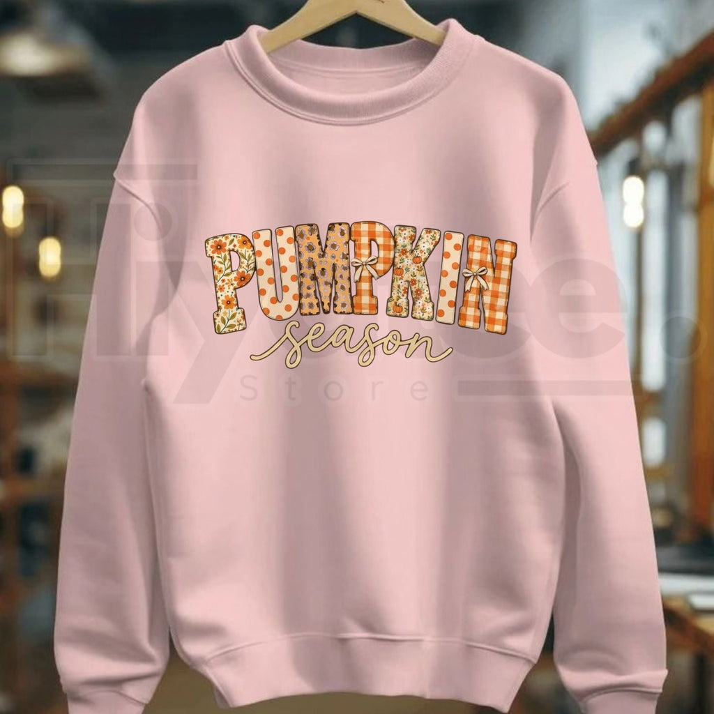 Pumpkin Season Sweatshirt – Fall Patchwork Graphic Crewneck, Cute Autumn Harvest Sweater