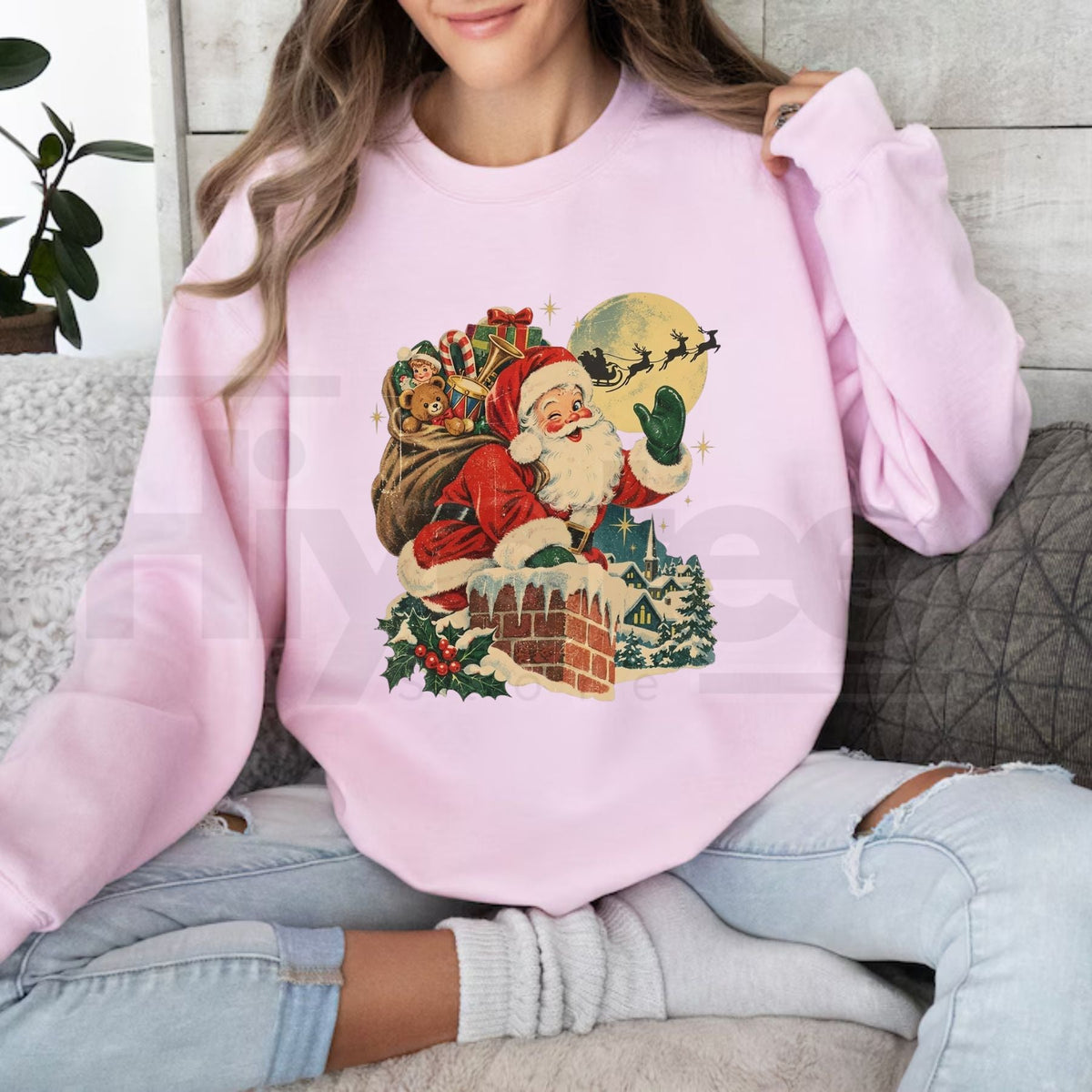 Vintage Santa Claus Chimney Sweatshirt, Retro Reindeer Holiday Graphic Pullover