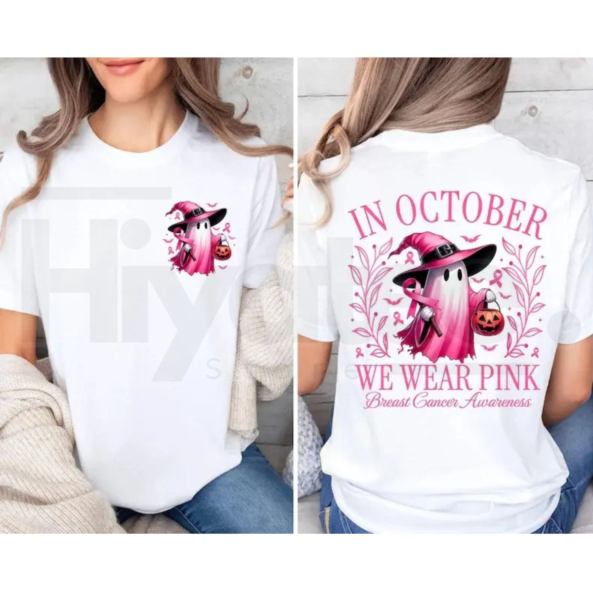 In October We Wear Pink Ghost T-Shirt – Halloween Breast Cancer Awareness Tee