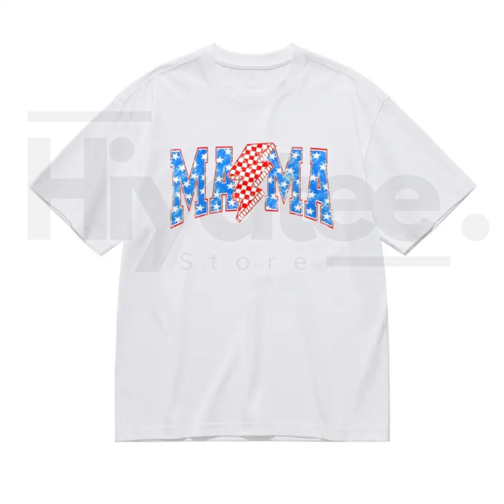 Women's Patriotic Mama Checkered Lightning Bolt Oversized T-Shirt – Retro 4th of July Graphic Tee