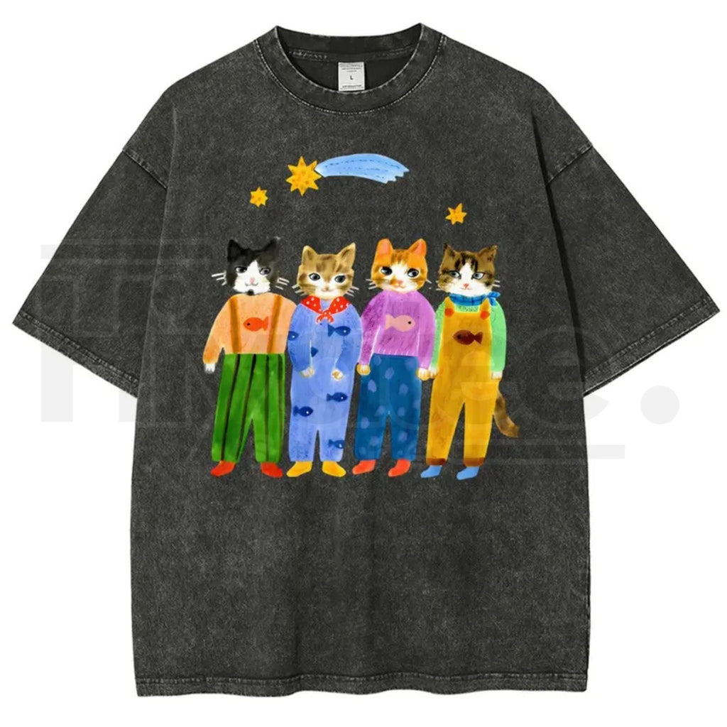 Retro "Cats In Overalls" Vintage Graphic T-Shirt – Hand-Painted Style 90s Streetwear
