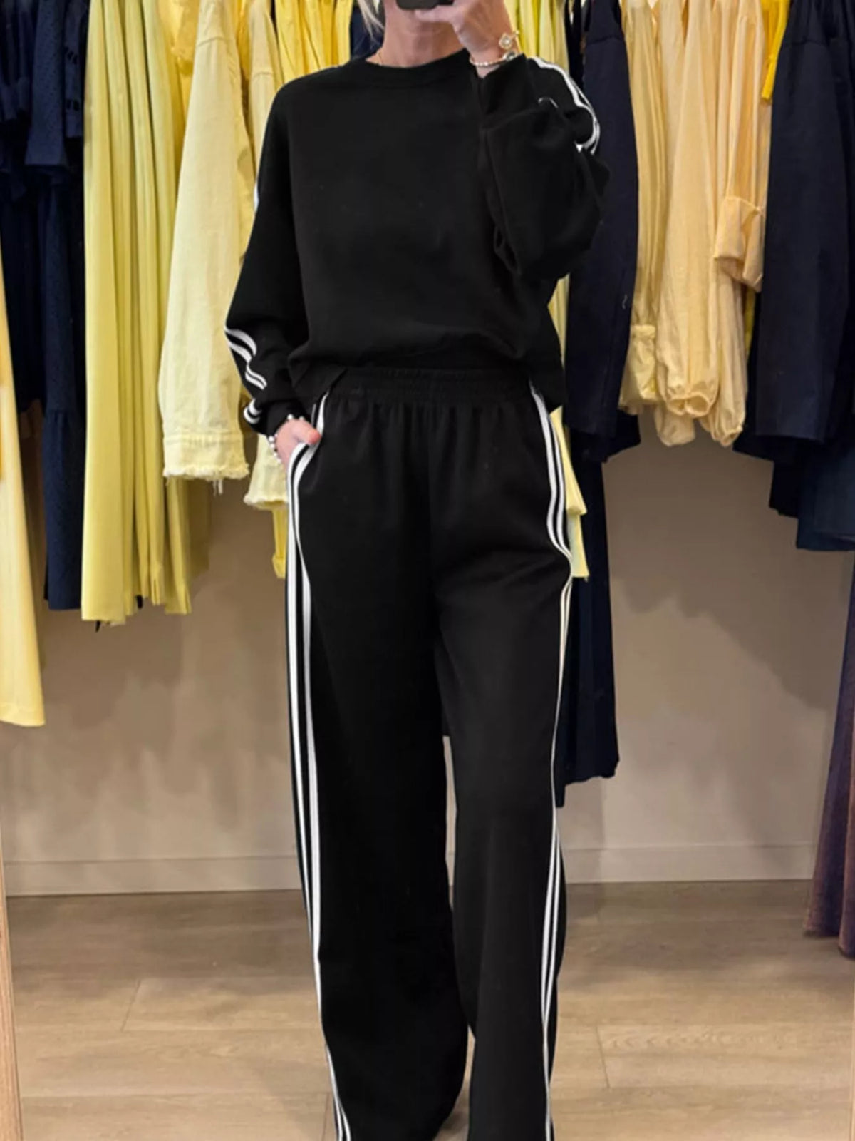 Striped Detail Crewneck Top and Elastic Sweatpants 2pcs Set