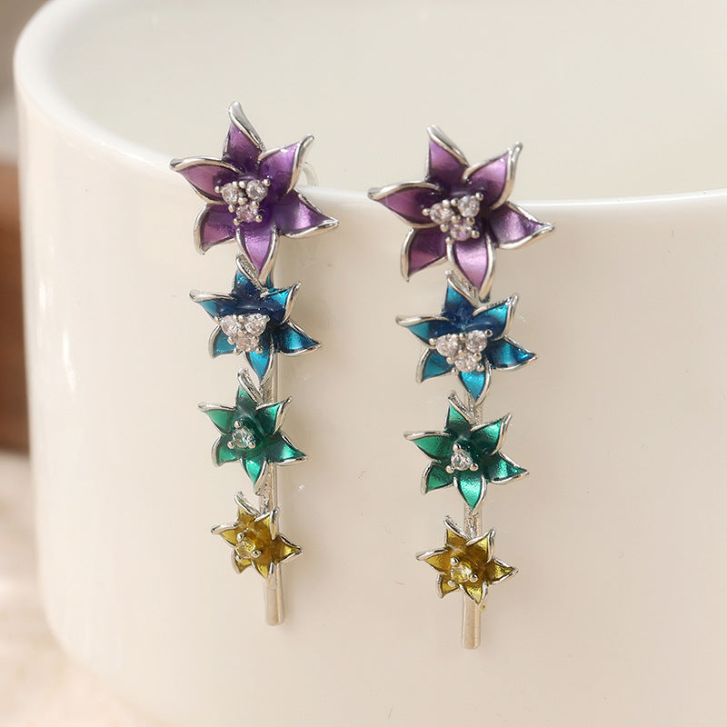 Colorful Flower Stud Earrings Silver Tone Brass Women Black White Crystal Party Fashion Jewelry Elegant