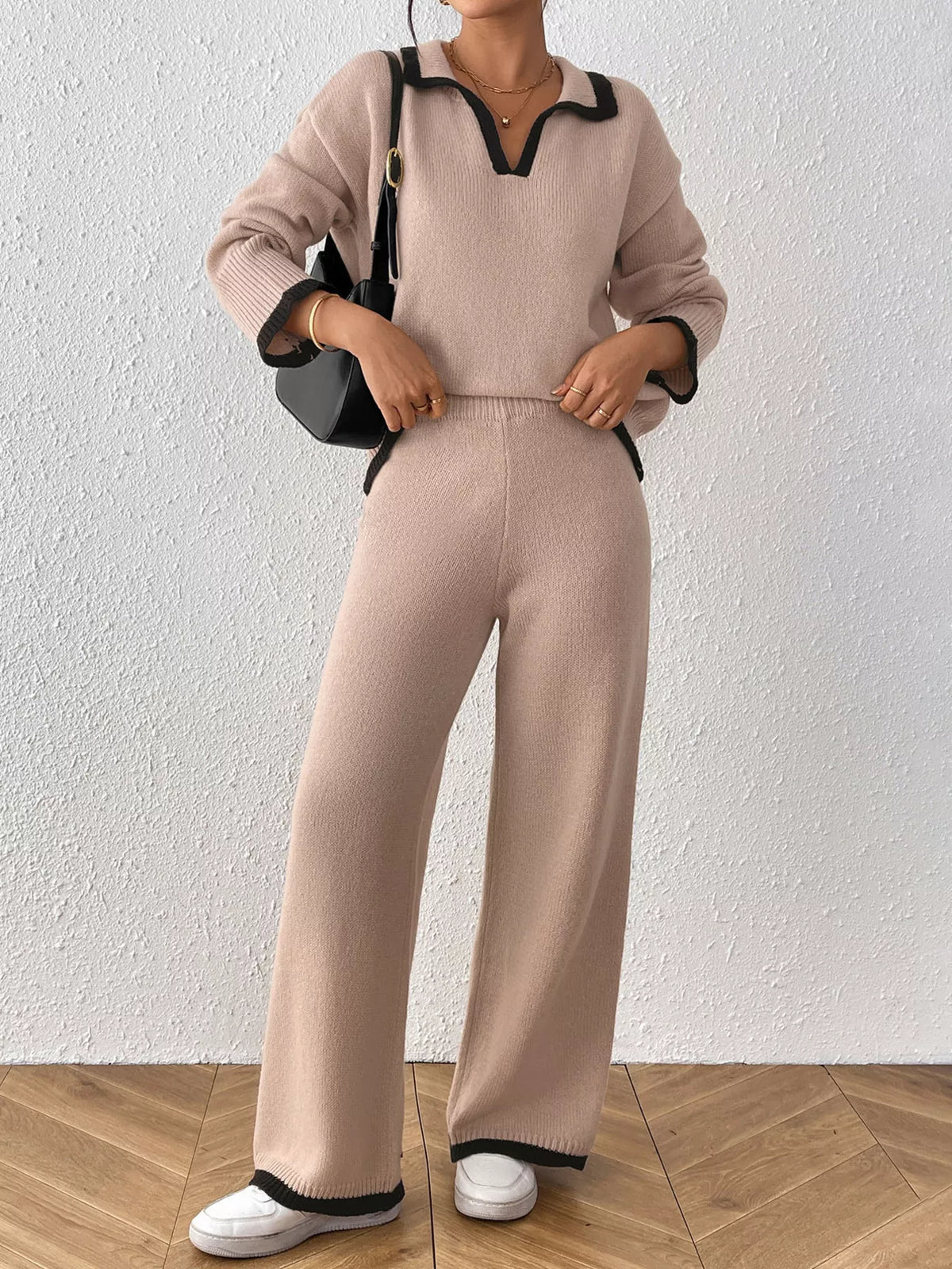 Contrast Trim Polo Collar Top and Pants Sweater Set