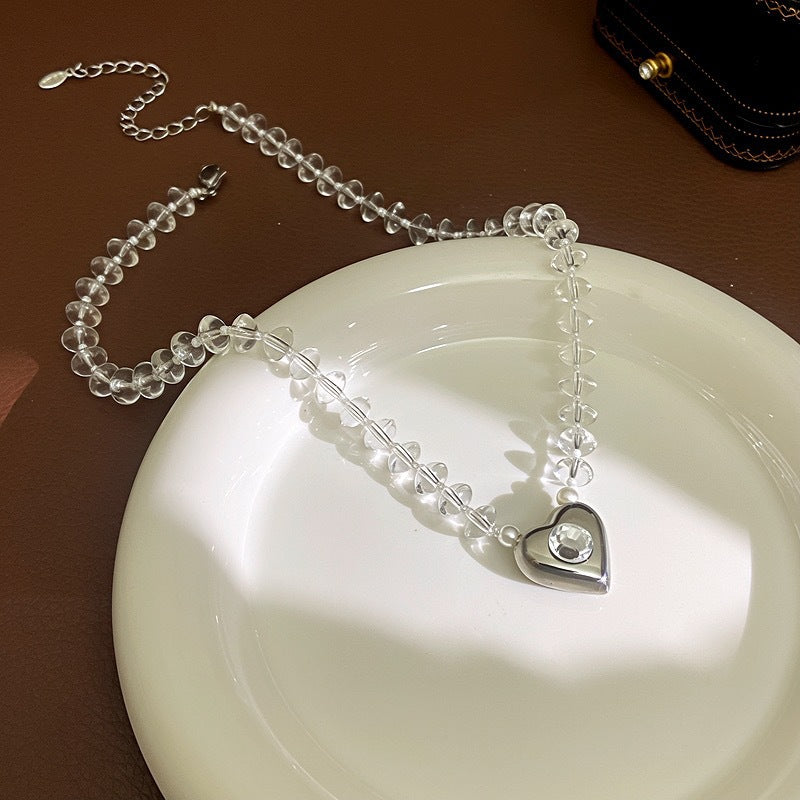 White Crystal Beaded Heart Pendant Clavicle Chain Necklace Women Neck Jewelry For Daily Dating Banquet Party Occasions