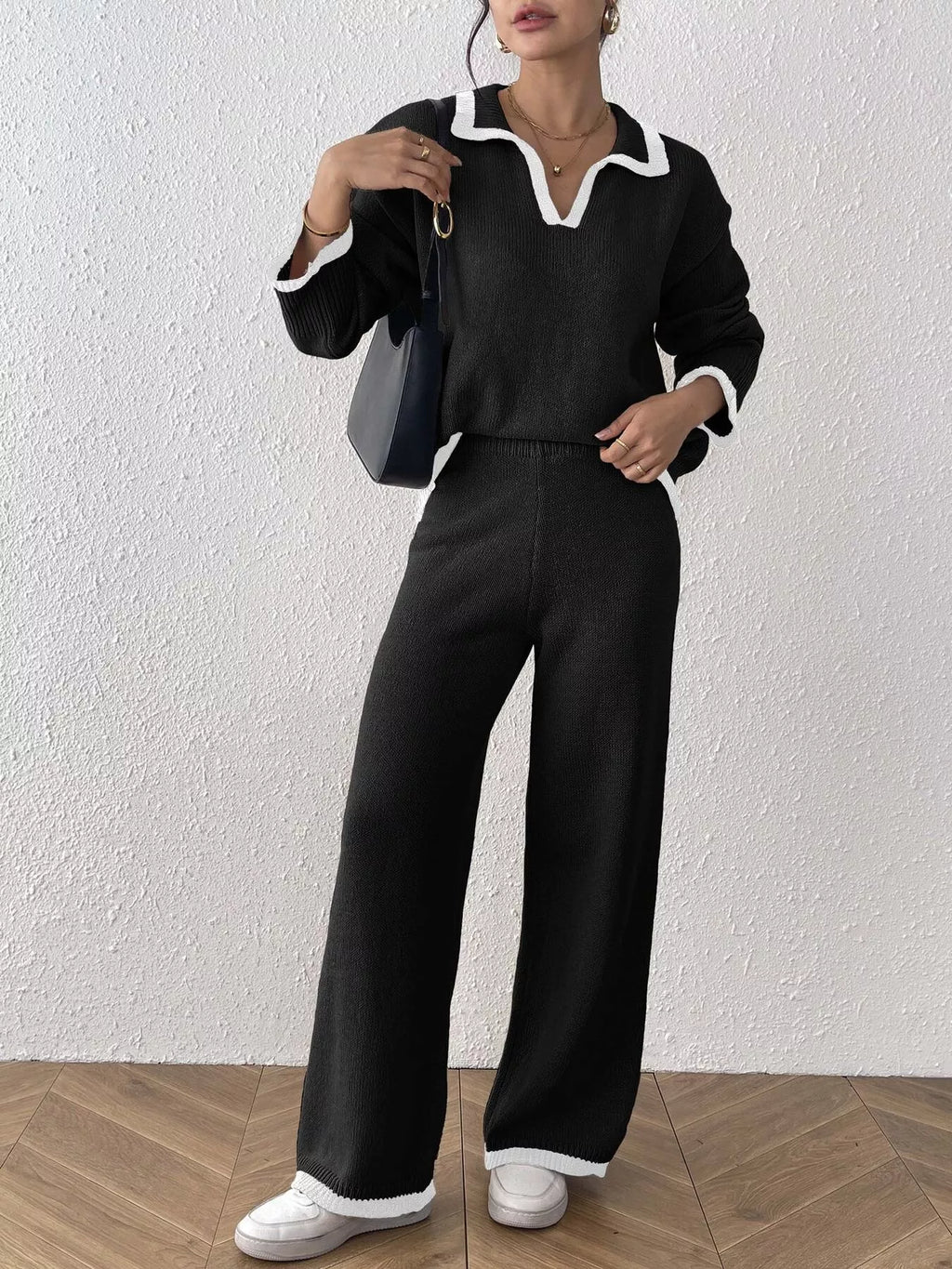 Contrast Trim Polo Collar Top and Pants Sweater Set