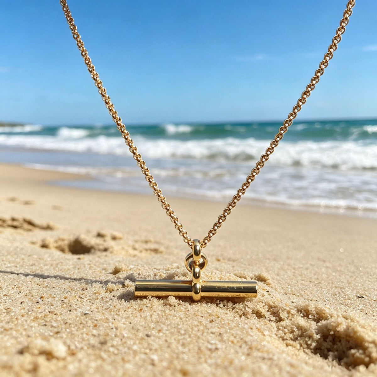 French Minimalist T-bar Necklace With 18K Gold-plated Beads