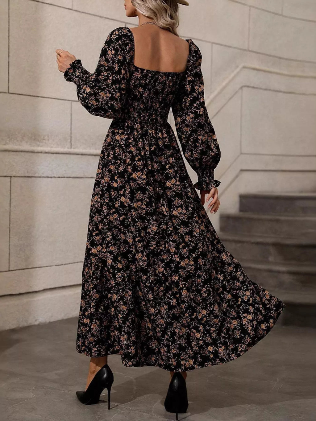 Floral Print Square Neck Smocked Midi Dress