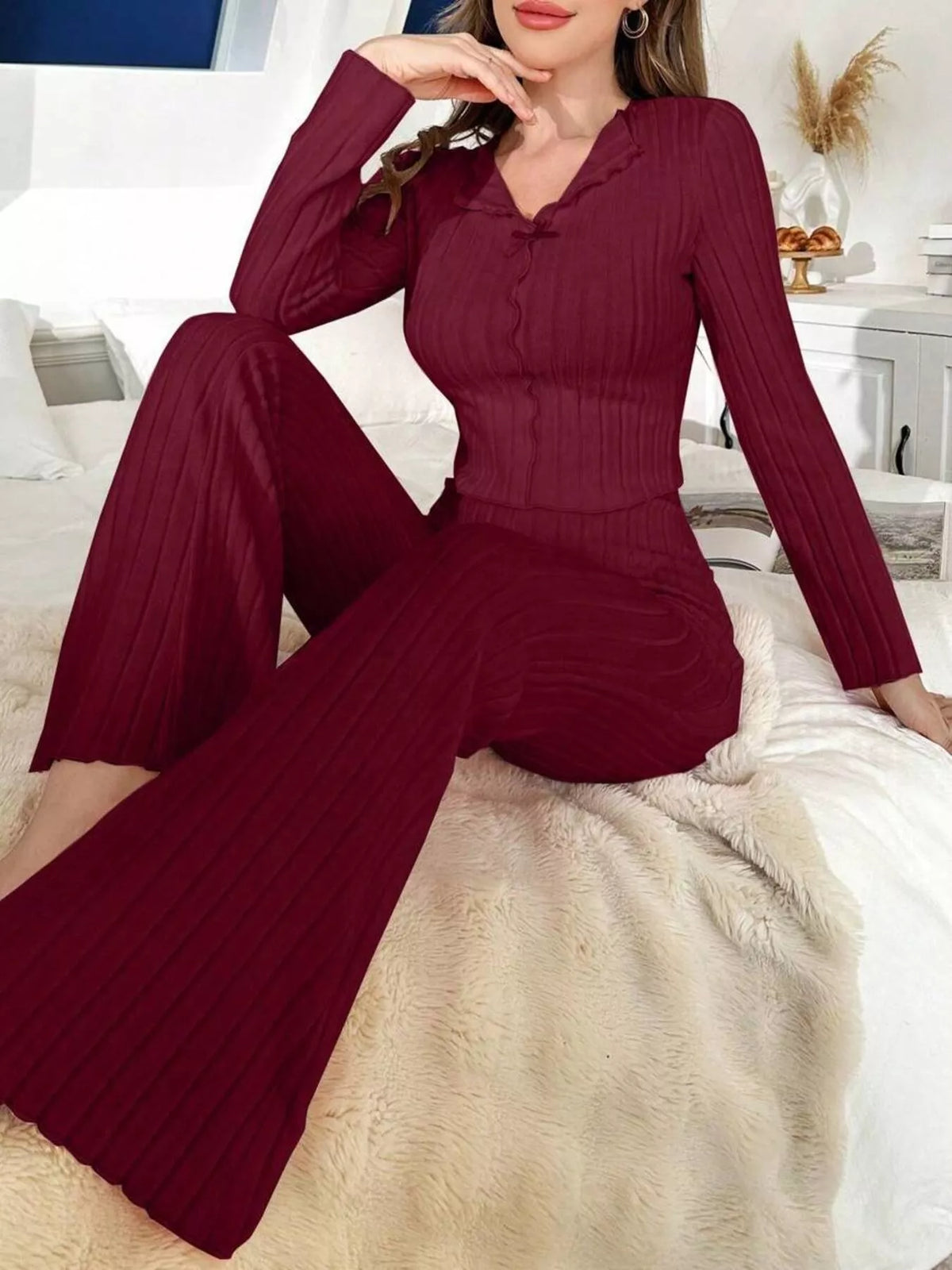 Bow Detail Ribbed Knit Top and Pants Lounge Set