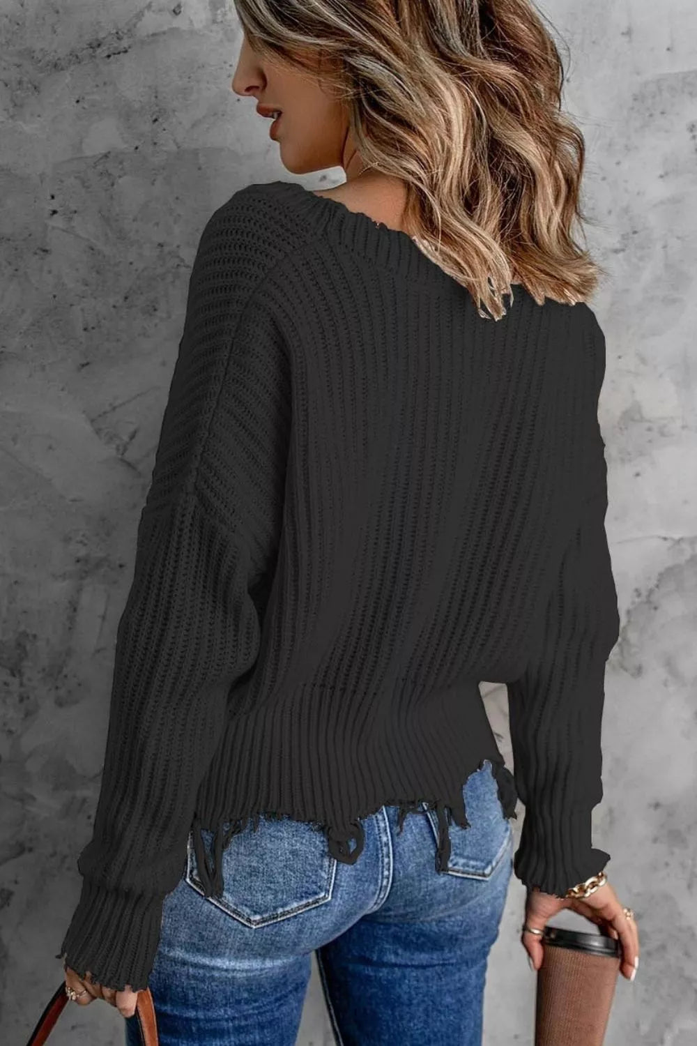 Full Size Raw Hem V-Neck Sweater Plus Size