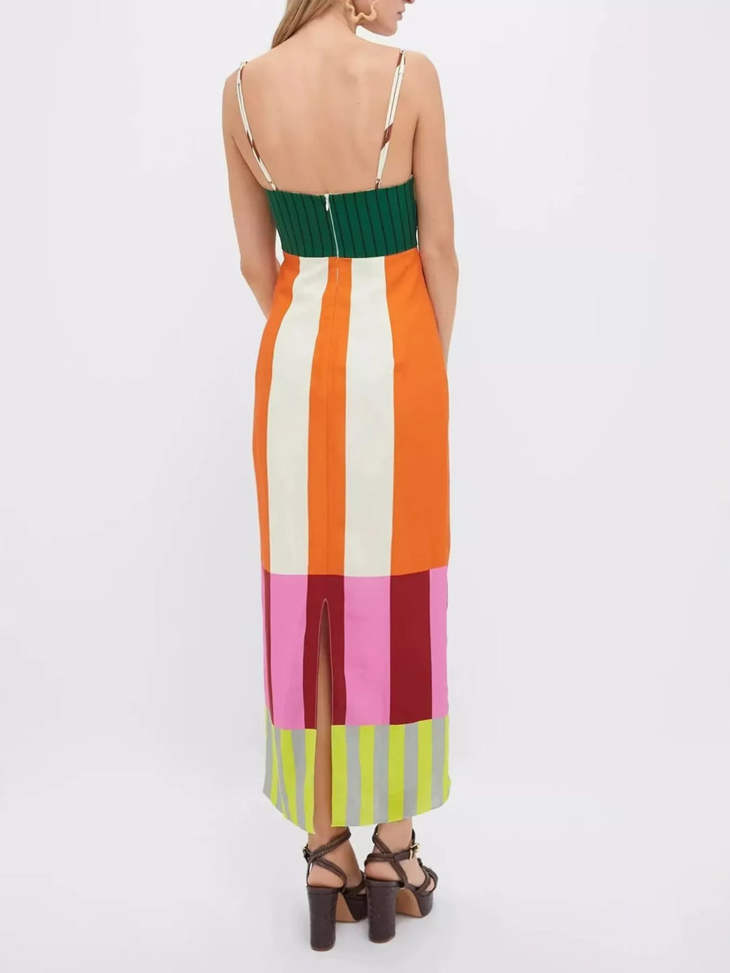 Color-Block Striped Spaghetti Strap Midi Dress