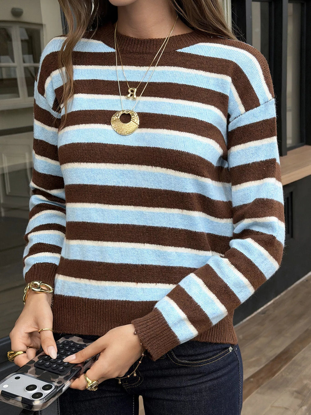 Striped Crew Neck Knit Sweater