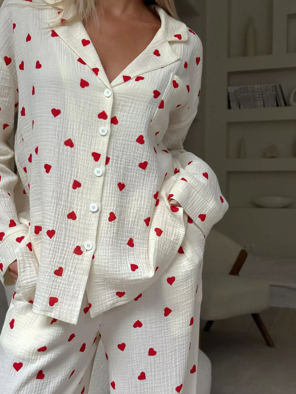 Heart Print Button Up Top and Pants Lounge Set – Apricot / Pink