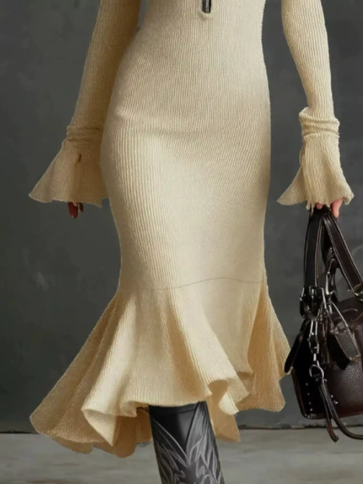 Full Size Quarter-Zip Mermaid Hem Knit Dress Plus Size