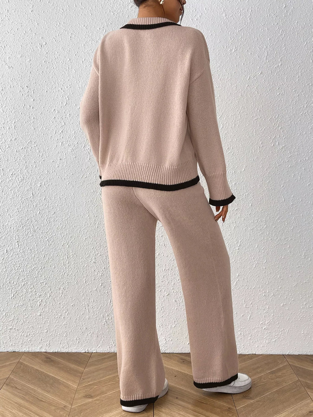 Contrast Trim Polo Collar Top and Pants Sweater Set