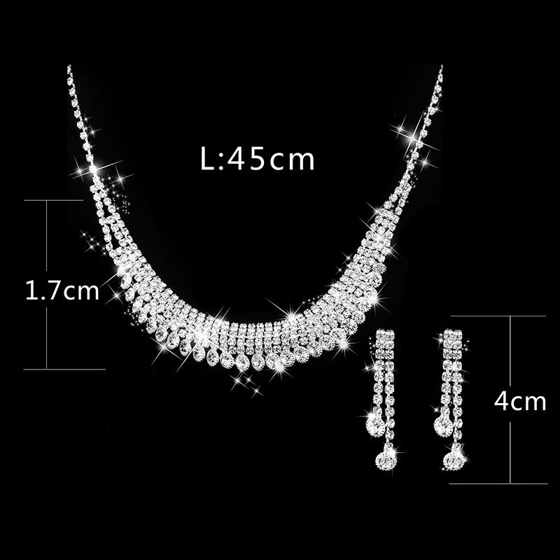 Yiwu Bride Jewelry European And American Fashion Bright Rhinestone Necklace Earrings Wedding Set Factory Direct 497