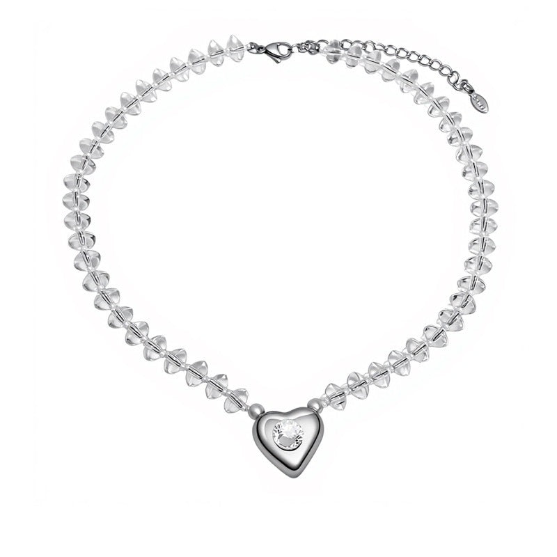White Crystal Beaded Heart Pendant Clavicle Chain Necklace Women Neck Jewelry For Daily Dating Banquet Party Occasions