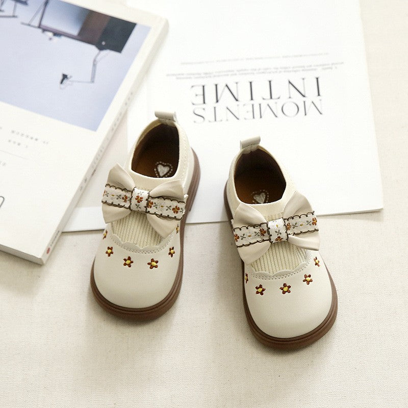 Girls Bow Flat Shoes, Pastoral Style Leather Shoes, 2025 Summer Style, Little & Big Kids, Princess Versatile Casual Shoes