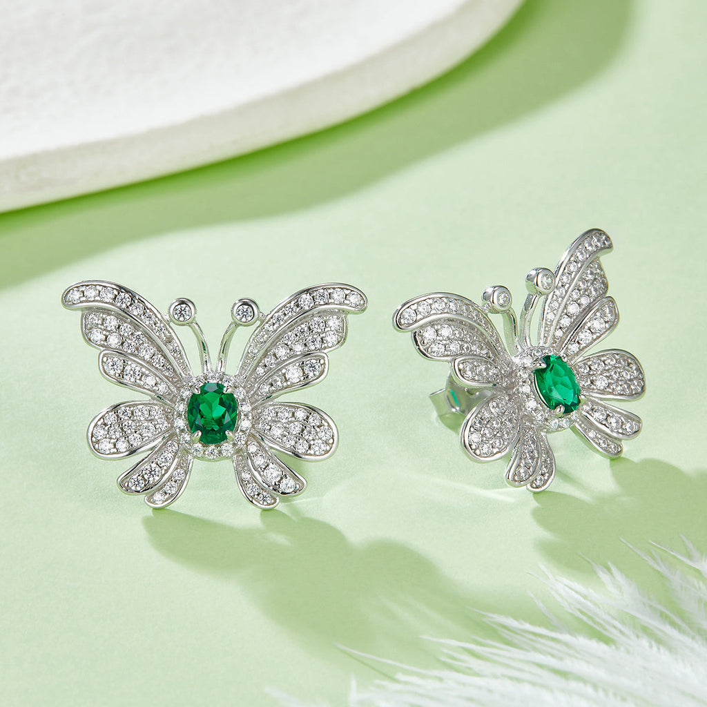 S925 Silver 6.6g Platinum Plated Butterfly Earrings, 0.39ct Lab-Created Emerald, Pair