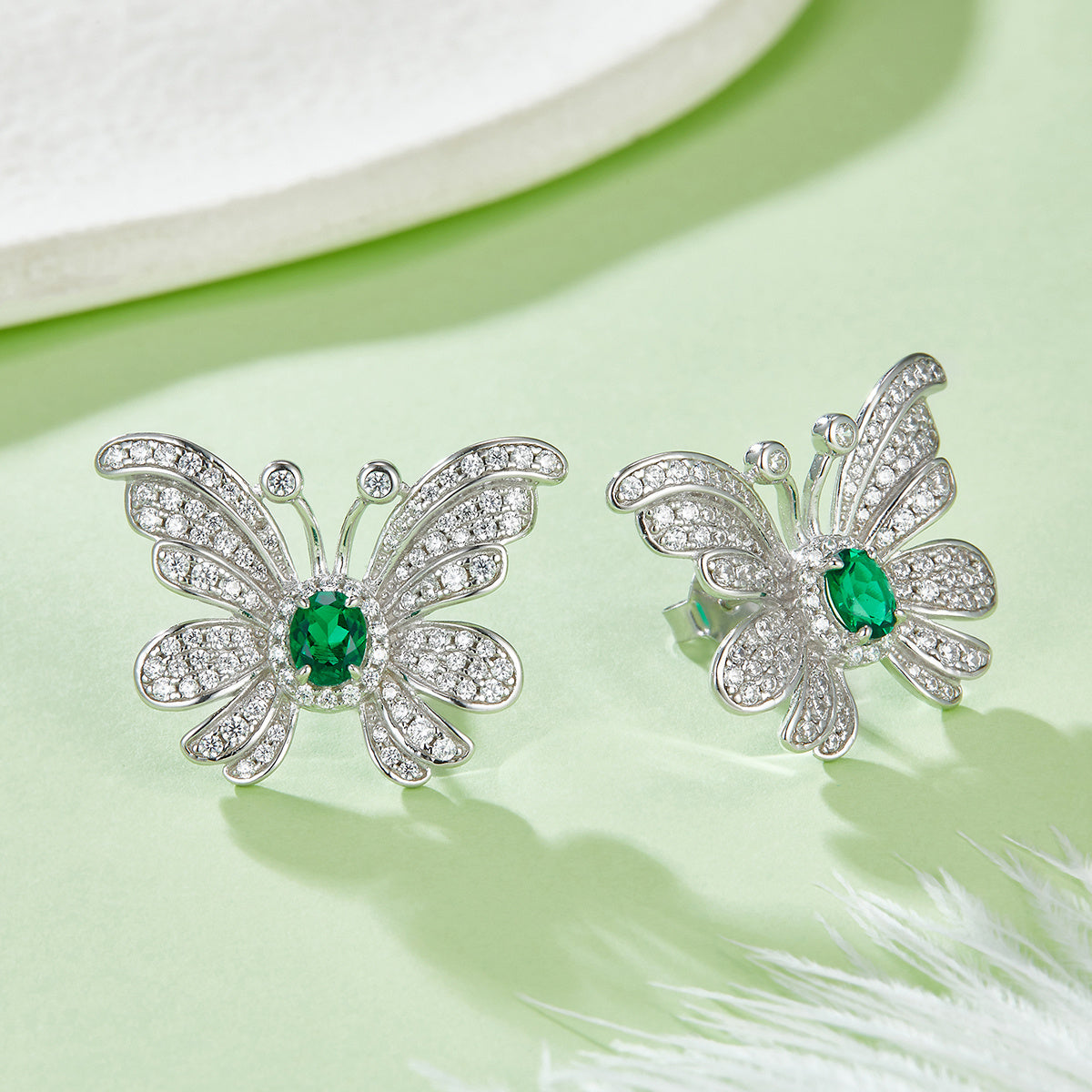 S925 Silver 6.6g Platinum Plated Butterfly Earrings, 0.39ct Lab-Created Emerald, Pair