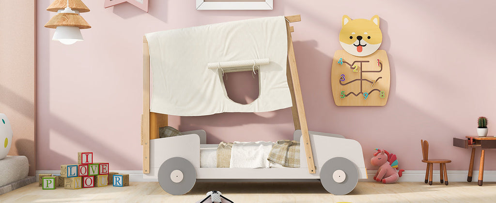 Wood Twin Size Car Bed with Pillow, Ceiling Cloth