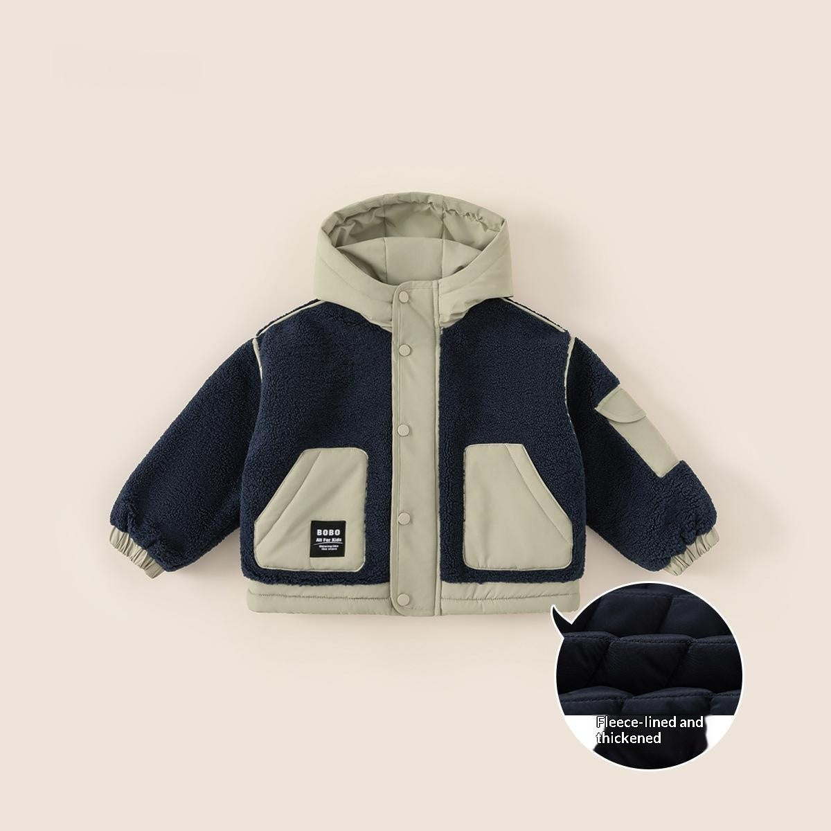 Boys Cotton-padded Coat With Color-block Design And A Plush Hood