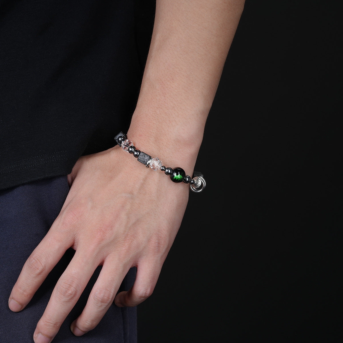 Unisex Green Crystal Lava Rock Beaded Bracelet, Men Women Fashion Commuter Versatile Niche Hip Hop Design Hand Jewelry