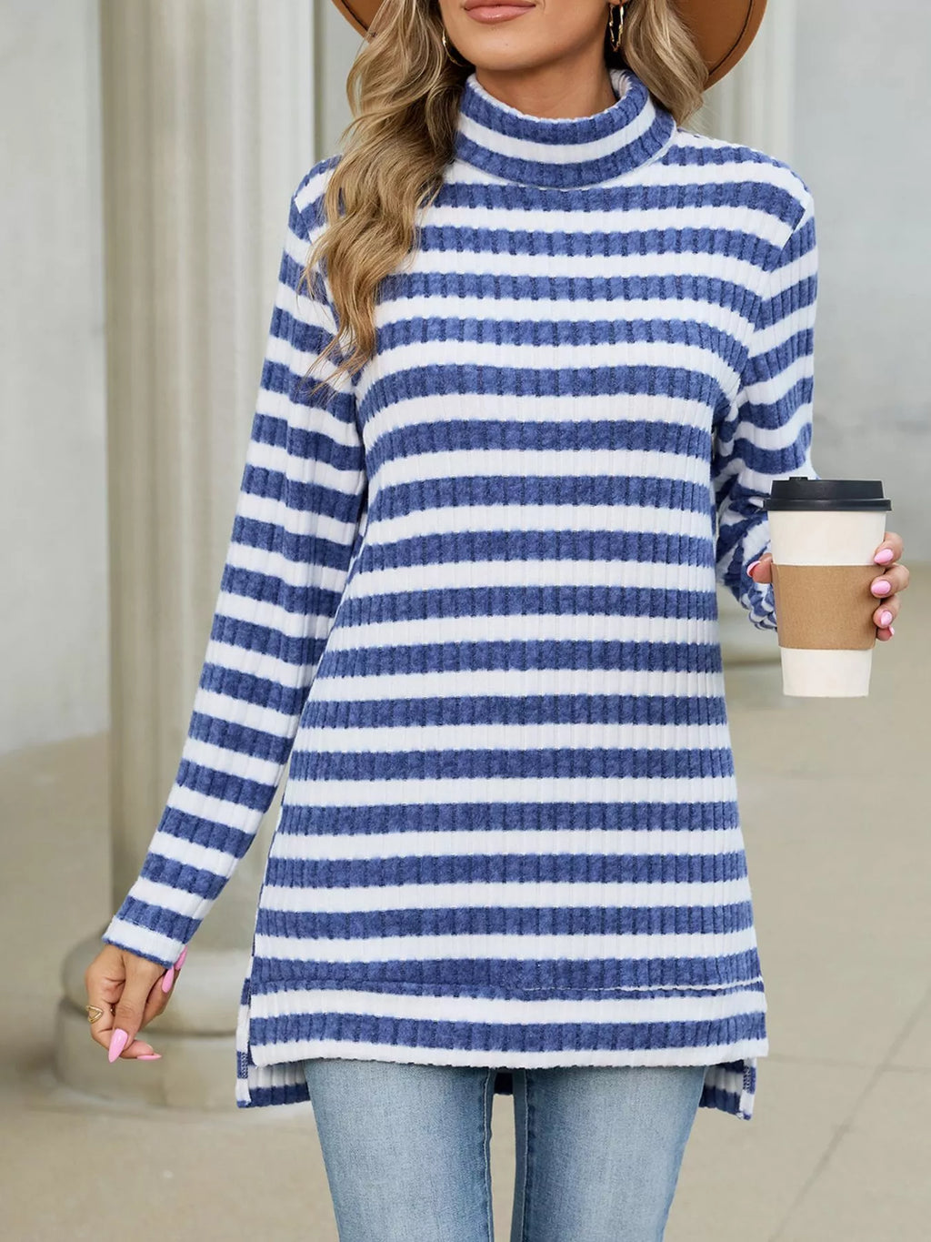 Striped Ribbed Knit Turtleneck Long Sleeve T-Shirt