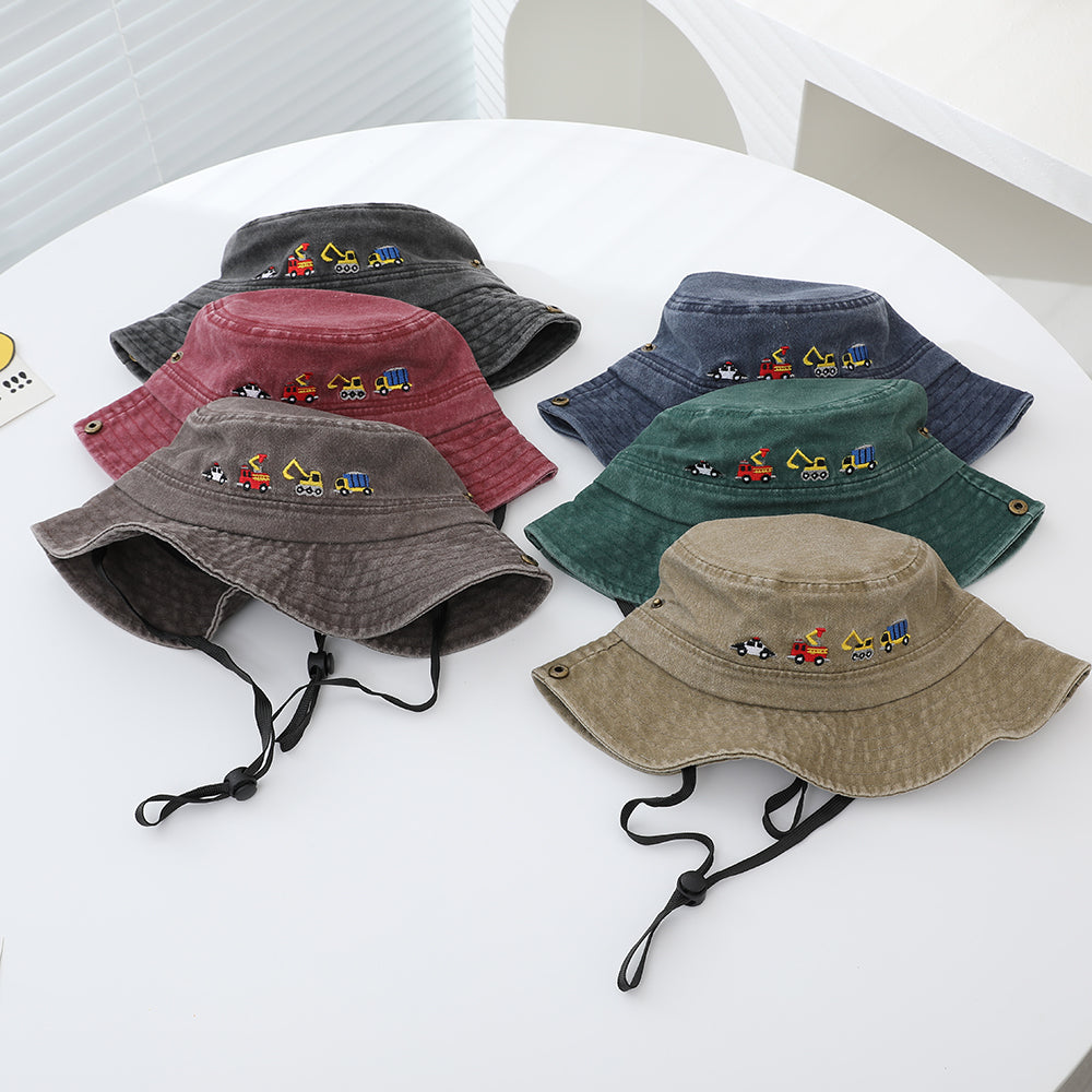 Children's Trendy Embroidered Cartoon Engineering Vehicle Flap Hat With Adjustable Drawstring And Rope