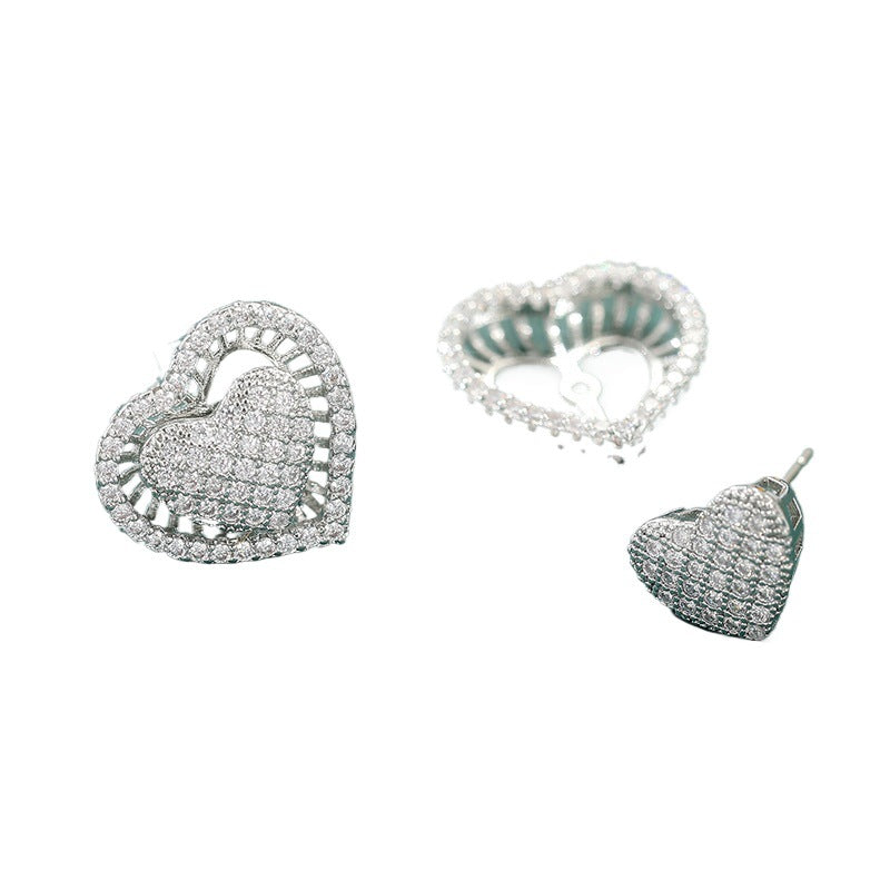 Sparkling Heart Crystal Stud Earrings Silver Tone Brass Women Elegant Wedding Party Fashion Jewelry Statement