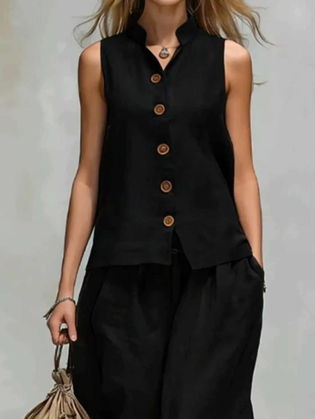 Sleeveless Button-Down Top and Wide-Leg Pant Set