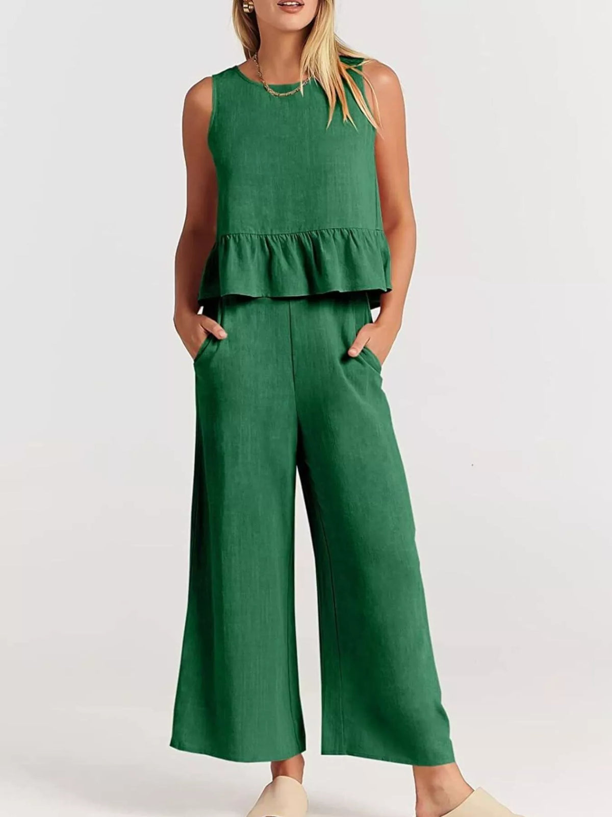 Full Size Ruffled Hem Sleeveless Top and Wide-Leg Pants Set Plus Size