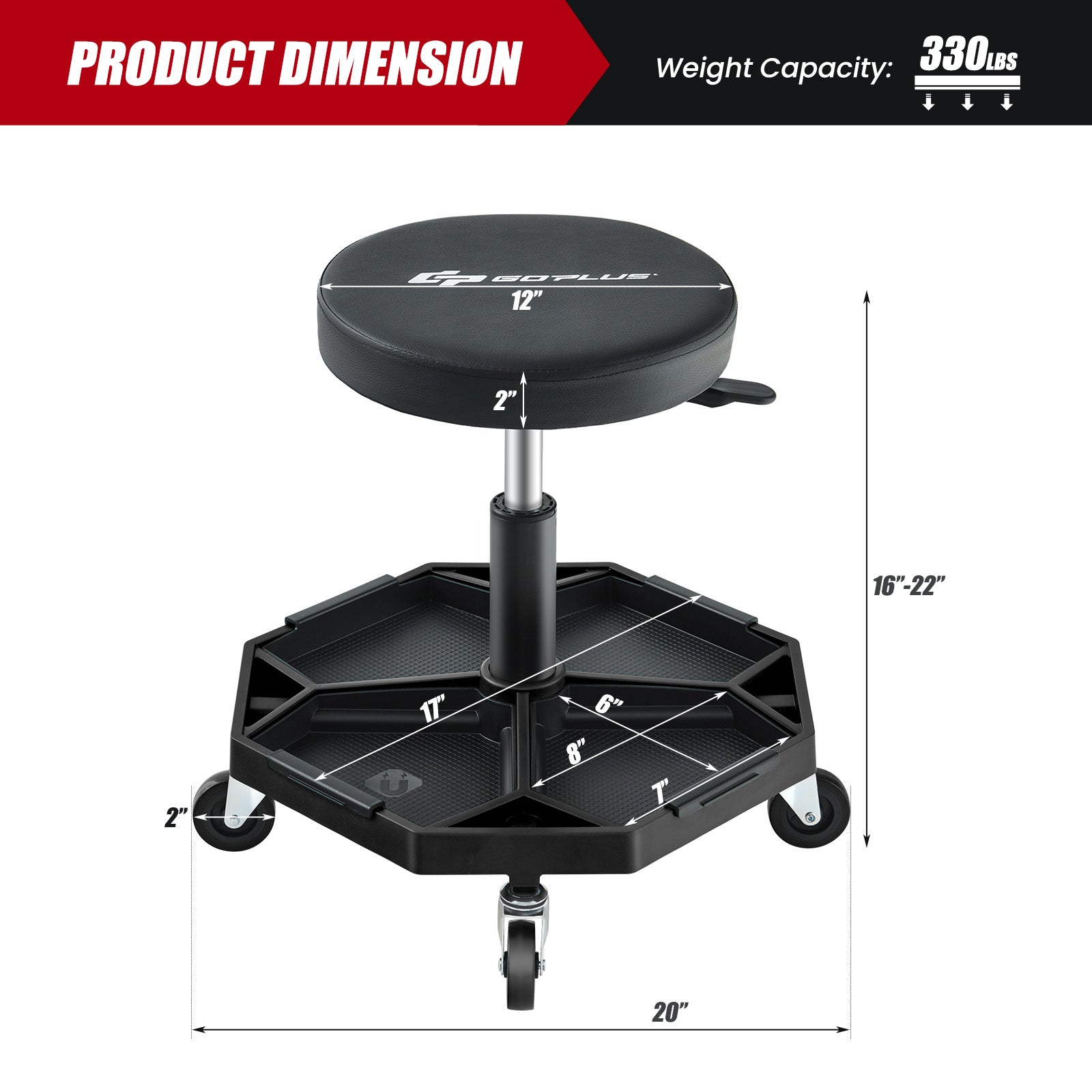 330 LBS Capacity Pneumatic Rolling Mechanic Stool with Padded Seat