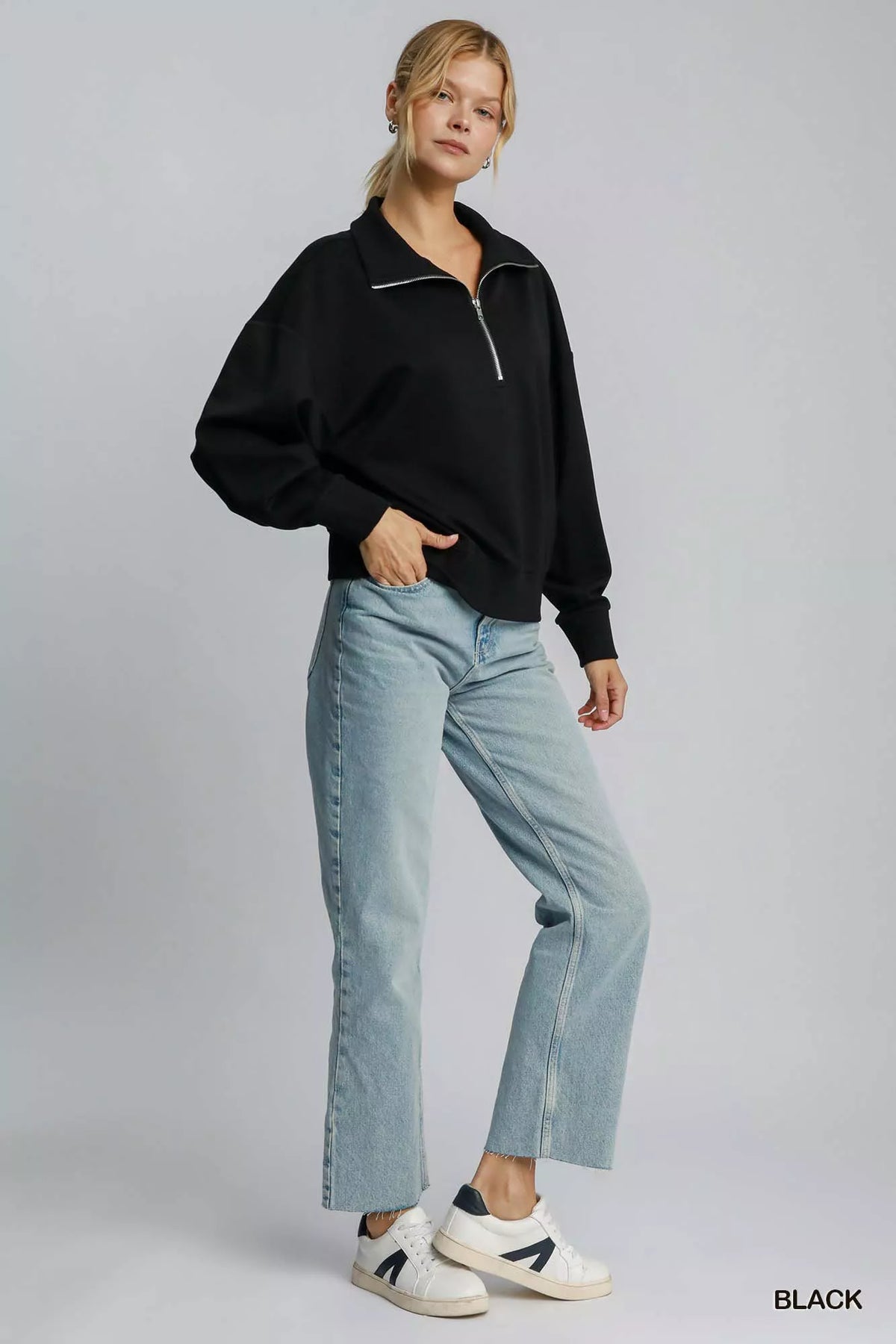 Umgee Half Zip Drop Shoulder Sweatshirt